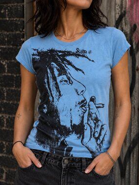 SURE Bob Marley Smoking Graphic 100% Cotton Baby Blue T-Shirt – S